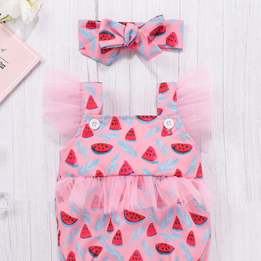 Pink Watermelon Tulle Ruffled Romper & Headband
